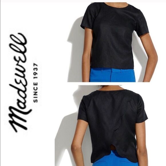 Madewell Black Linen Open Back Scallop Top - Picture 1 of 14